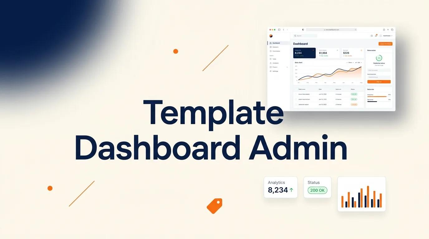 Cover Template Dashboard Admin menampilkan mockup antarmuka web dengan grafik analitik dan komponen dashboard modern