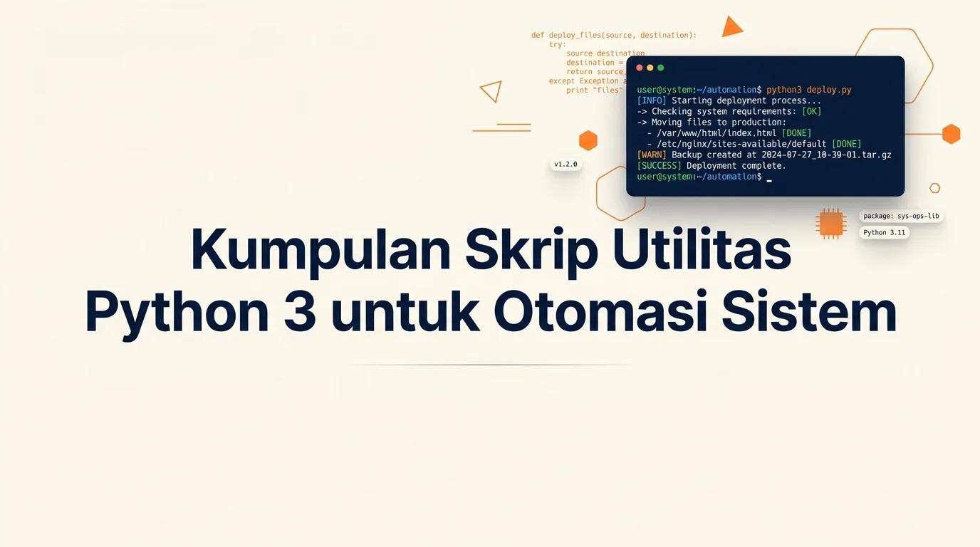 Cover Kumpulan Skrip Utilitas Python 3 menampilkan mockup terminal dengan output teks minimalis dan elemen kode abstrak
