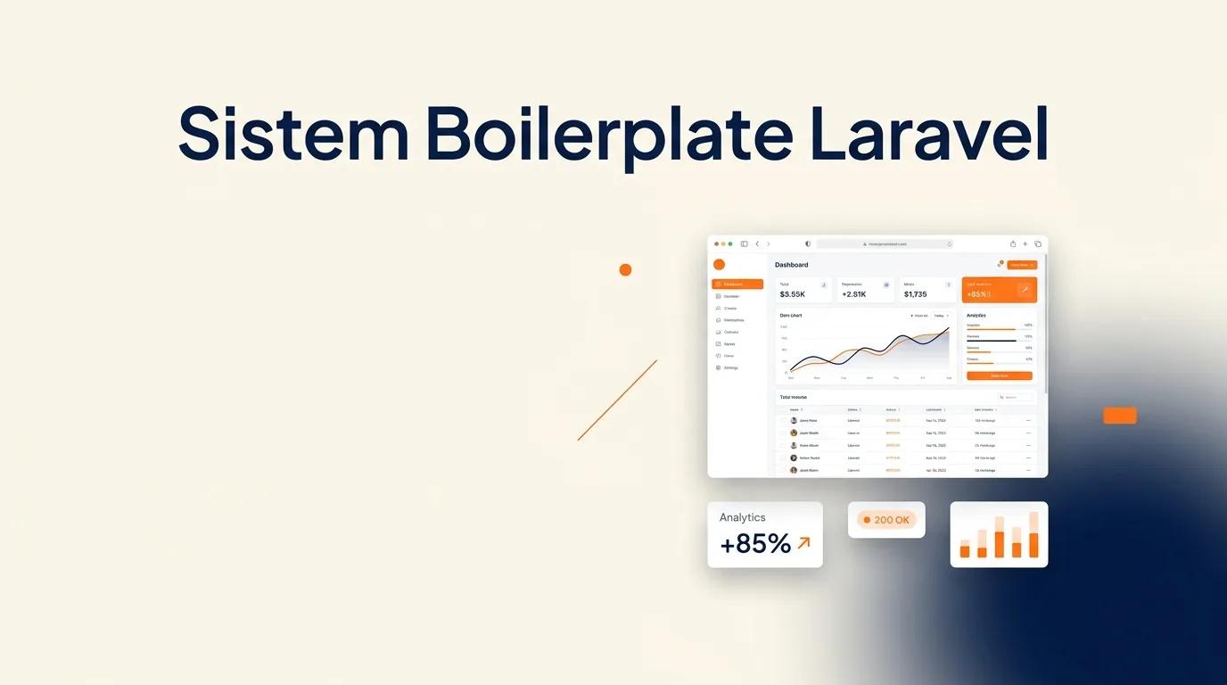Cover Sistem Boilerplate Laravel menampilkan mockup dashboard analitik dengan elemen antarmuka yang bersih dan rapi