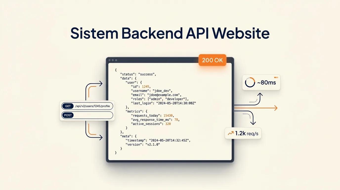 Cover Sistem Backend API menampilkan mockup editor kode dengan respons JSON dan metrik performa