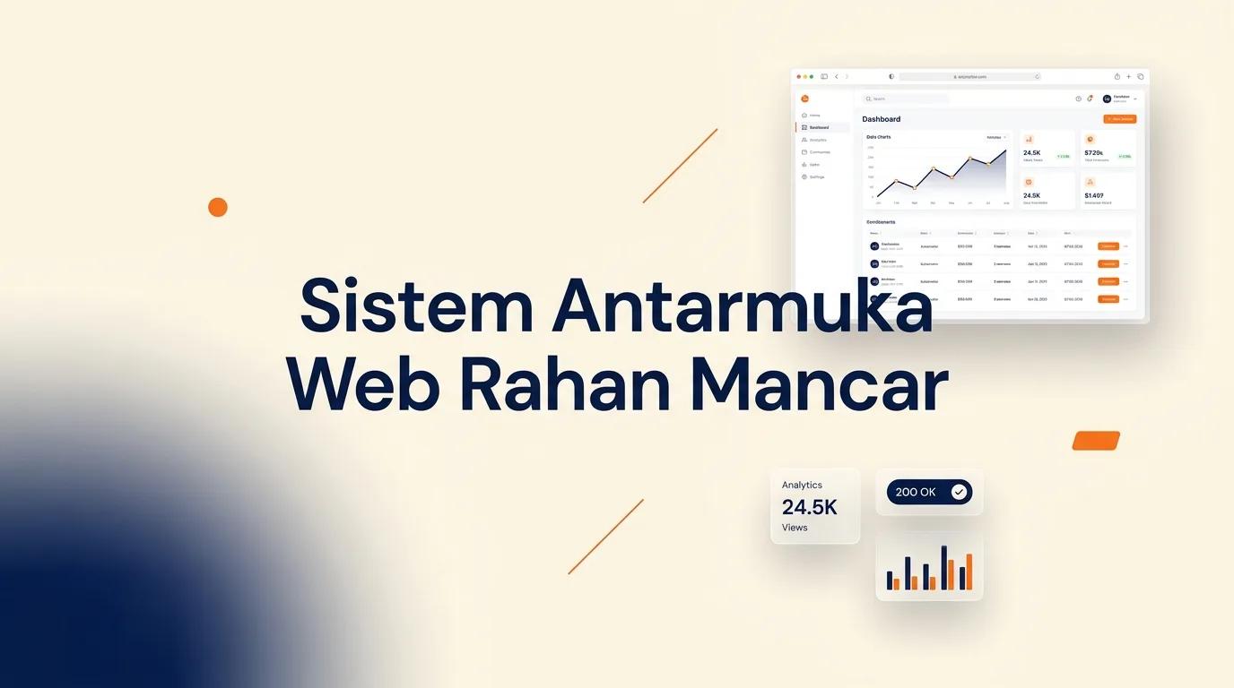 Cover Sistem Antarmuka Web Rahan Mancar menampilkan mockup dashboard modern di layar desktop dengan elemen analitik