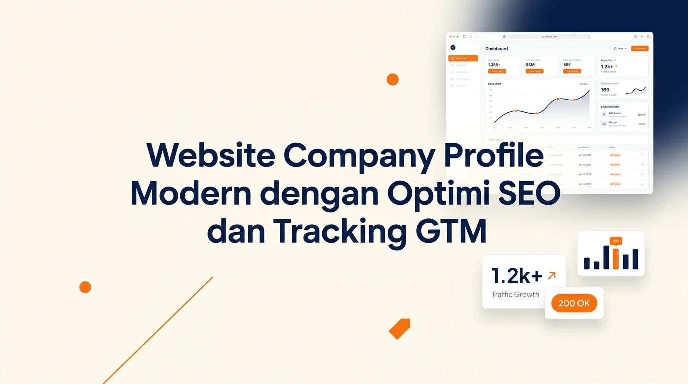 Cover Website Company Profile menampilkan mockup antarmuka browser dengan elemen analitik dan optimasi performa