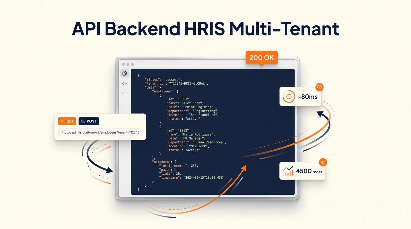 Cover API Backend HRIS menampilkan mockup code editor dengan JSON response dan elemen analitik performa server