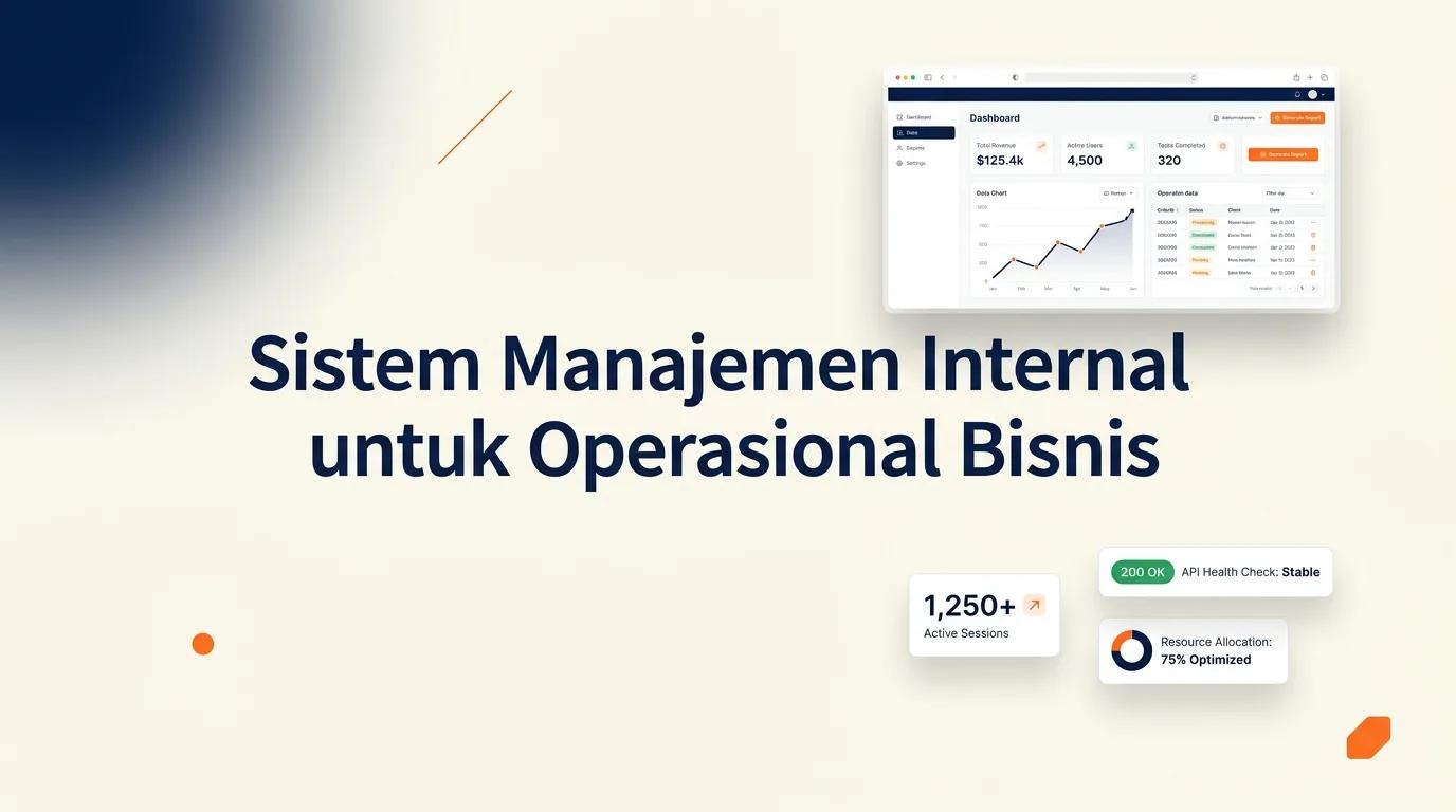 Cover Sistem Manajemen Internal menampilkan mockup dashboard analitik web dengan kartu data dan grafik tren