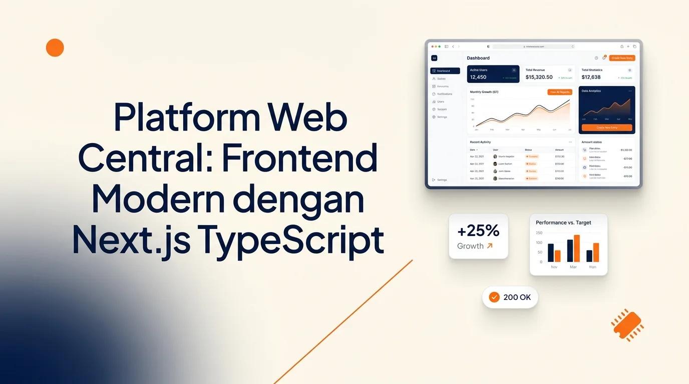 Cover Platform Web Central menampilkan mockup browser dengan antarmuka dashboard bersih dan elemen analitik