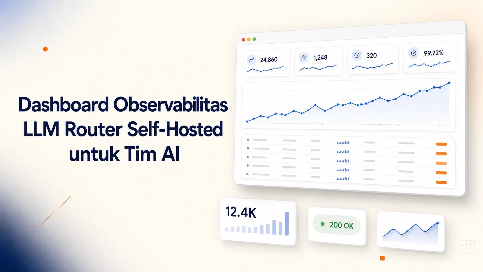 Cover Dashboard Observabilitas LLM Router menampilkan browser dengan kartu biaya, grafik latensi, dan tabel log