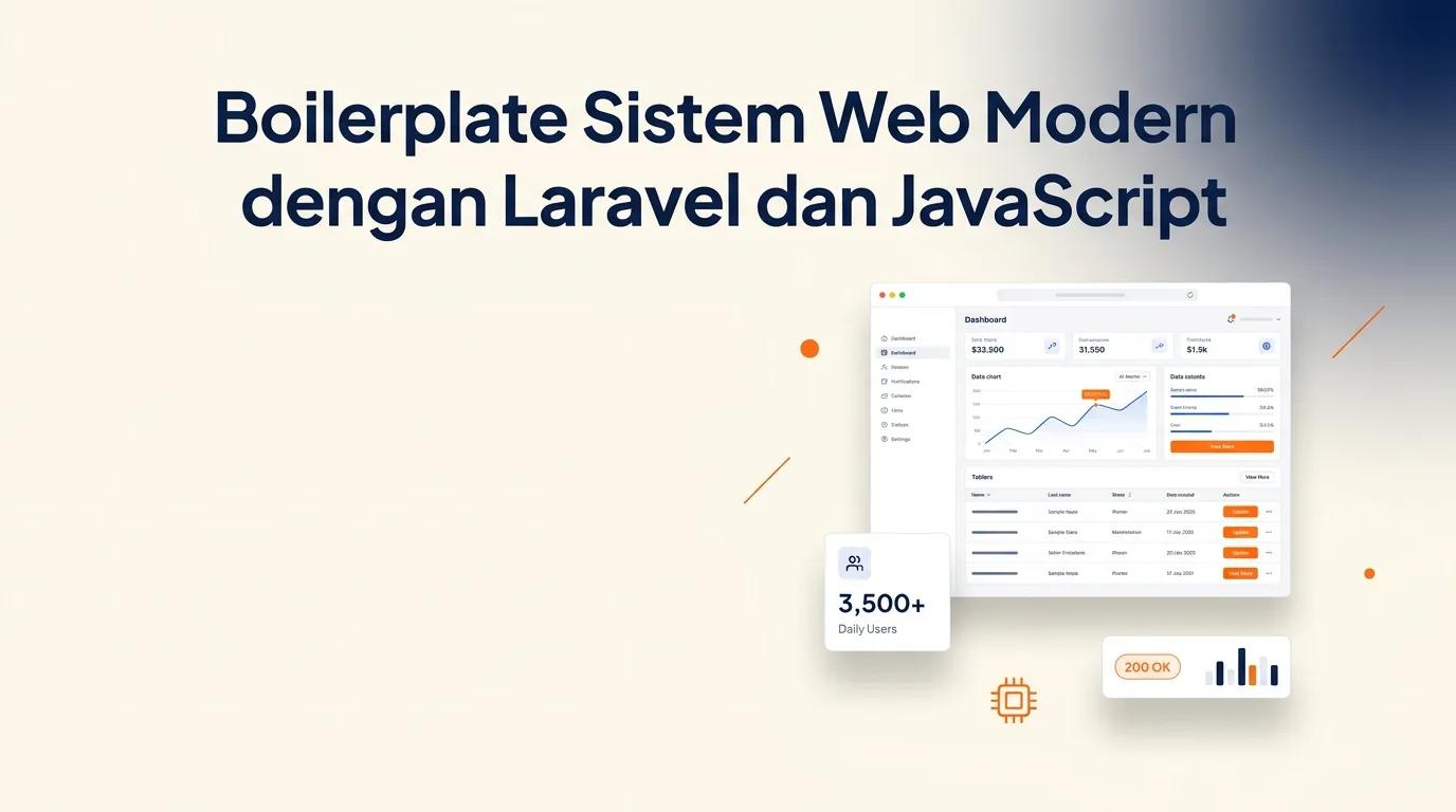 Cover Boilerplate Sistem Web Modern menampilkan mockup antarmuka dashboard dengan aksen warna oranye dan navy
