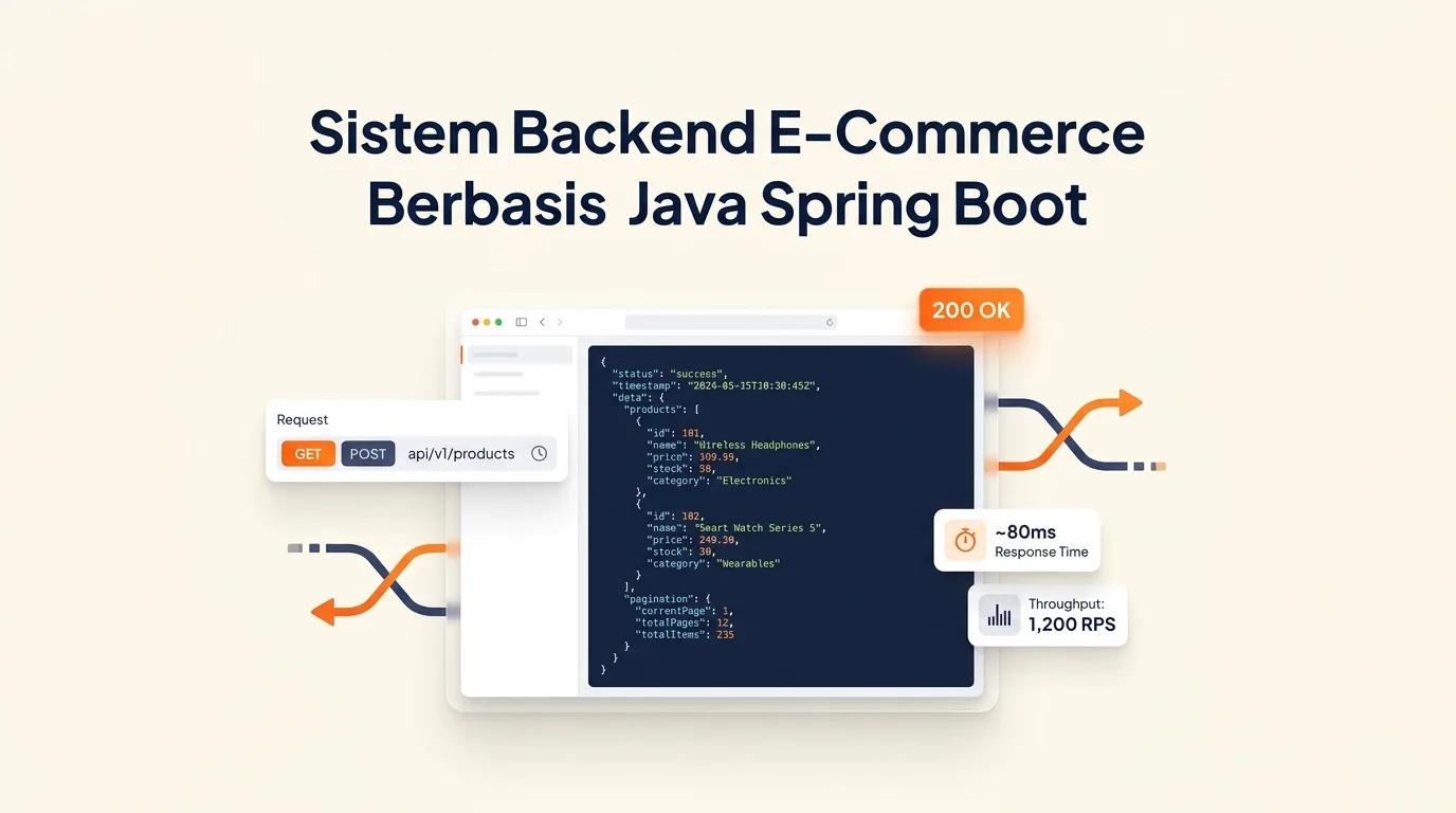 Cover Sistem Backend E-Commerce menampilkan mockup editor kode dan respons JSON dengan aksen warna oranye