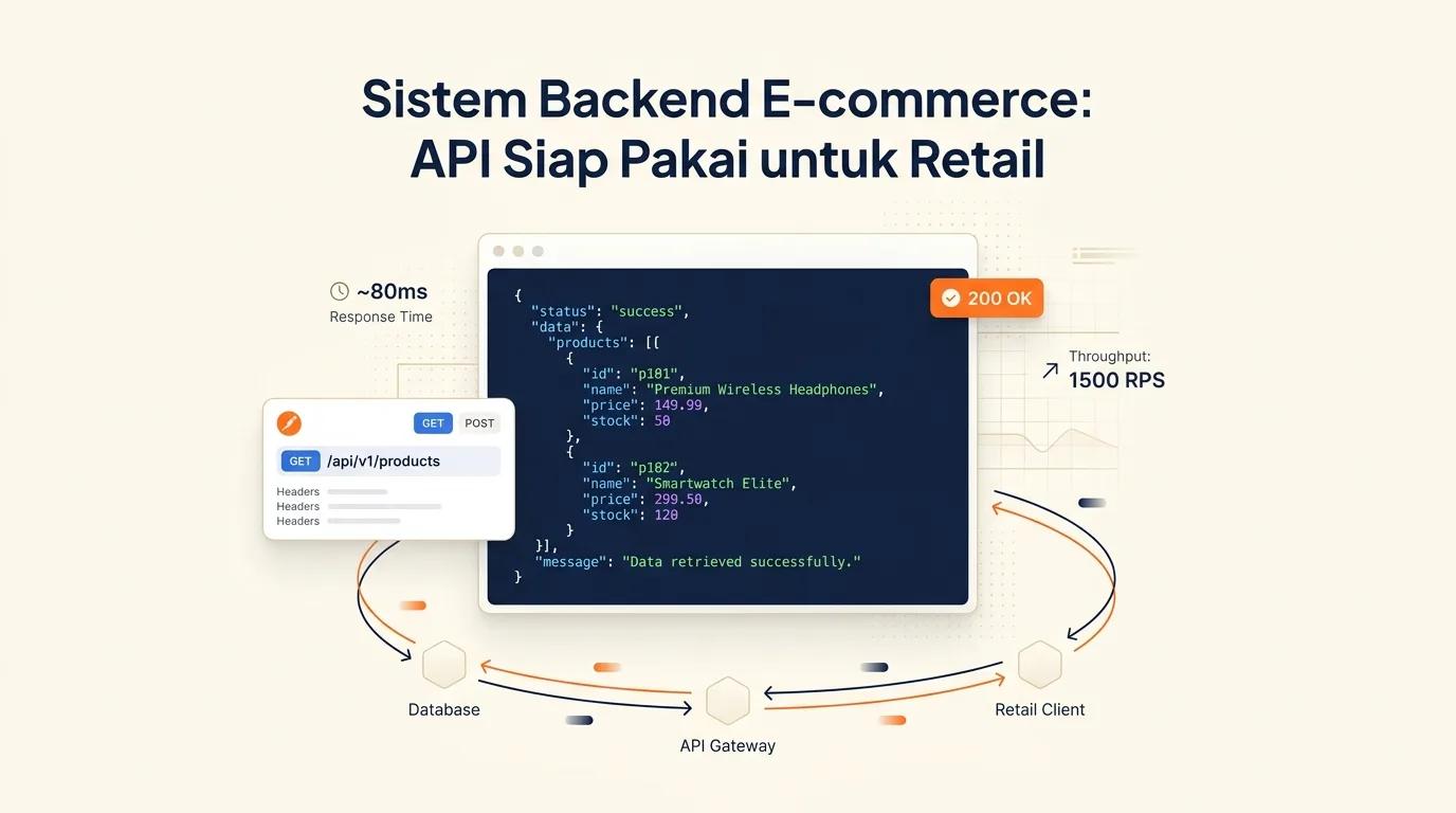 Cover Sistem Backend E-commerce menampilkan mockup editor kode dan respons JSON API dengan aksen warna oranye