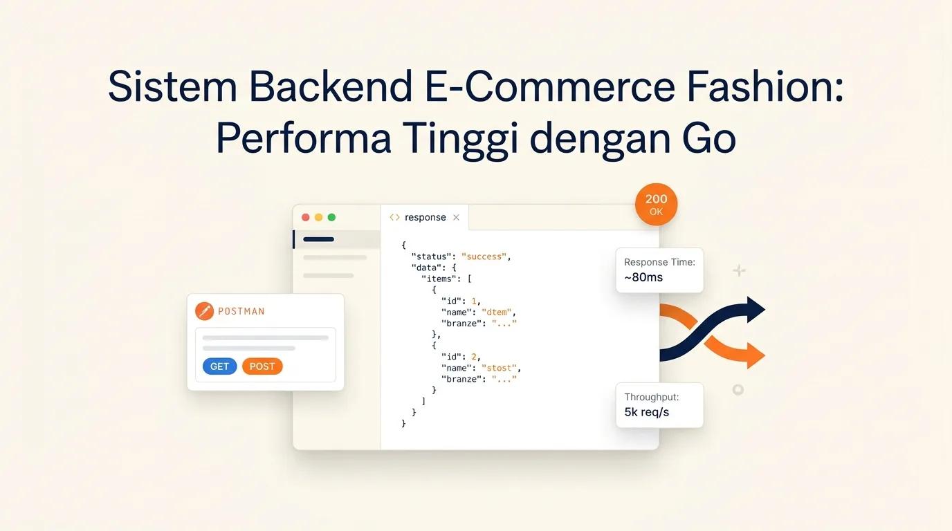 Cover Sistem Backend E-Commerce menampilkan mockup editor kode dan metrik respons API yang cepat