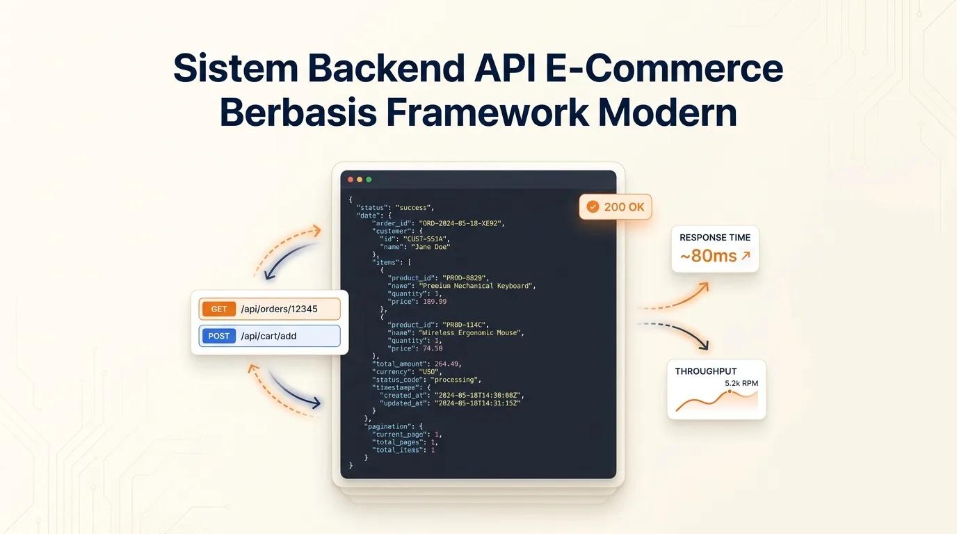 Cover Sistem Backend API E-Commerce menampilkan mockup editor kode dengan respons JSON dan badge status 200 OK