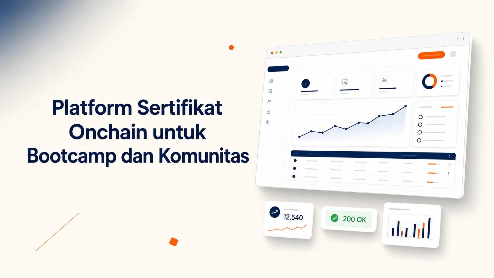 Cover Platform Sertifikat Onchain menampilkan dashboard kredensial, kartu analitik, dan status verifikasi
