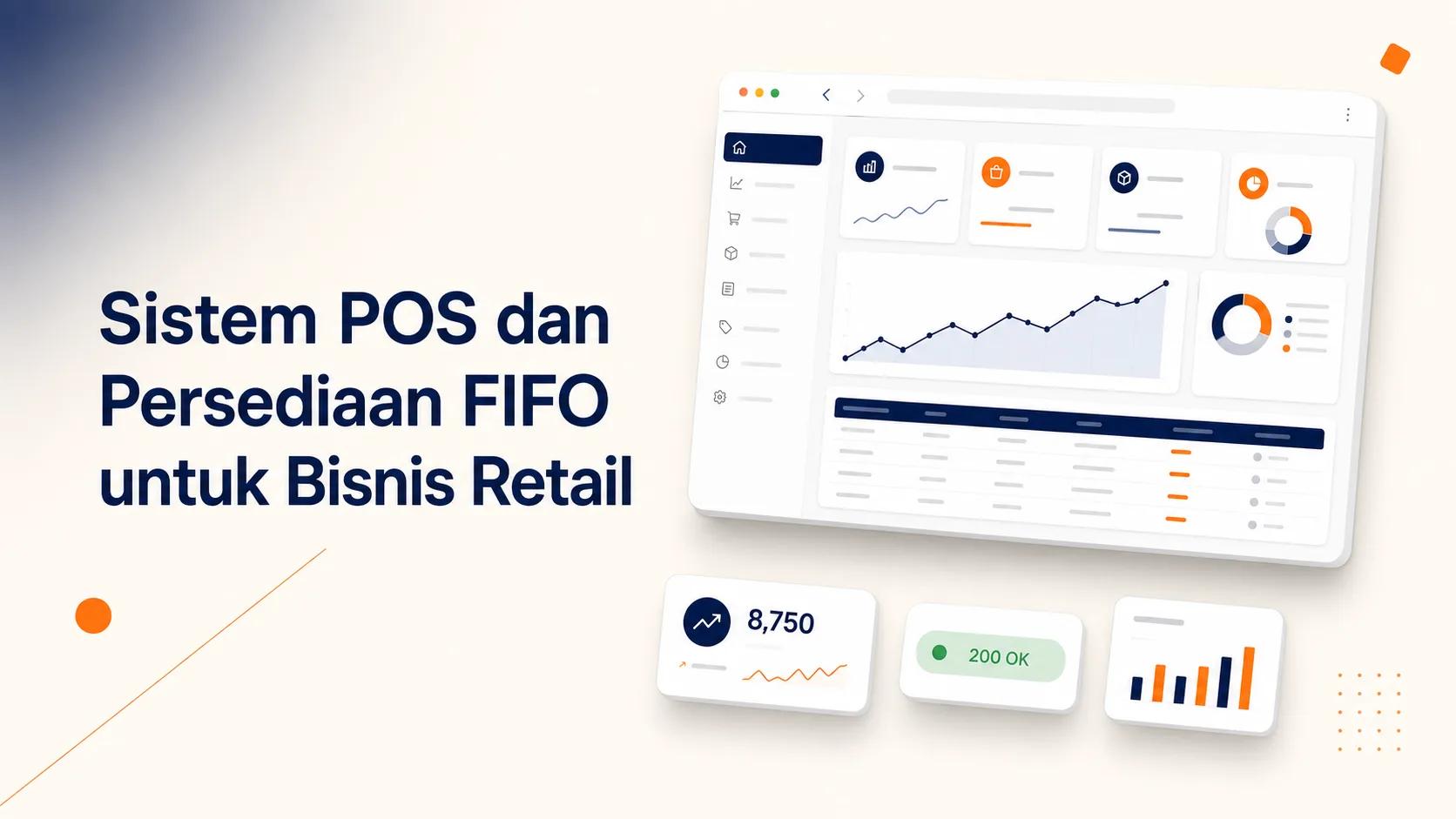 Cover Sistem POS dan Persediaan FIFO menampilkan dashboard stok, grafik, dan tabel transaksi retail