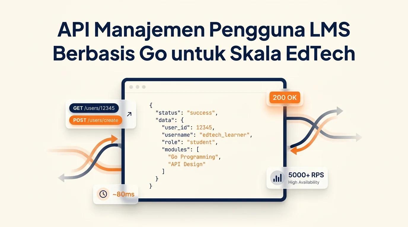 Cover API Manajemen Pengguna LMS menampilkan mockup code editor dengan respons JSON dan metrik performa latensi rendah