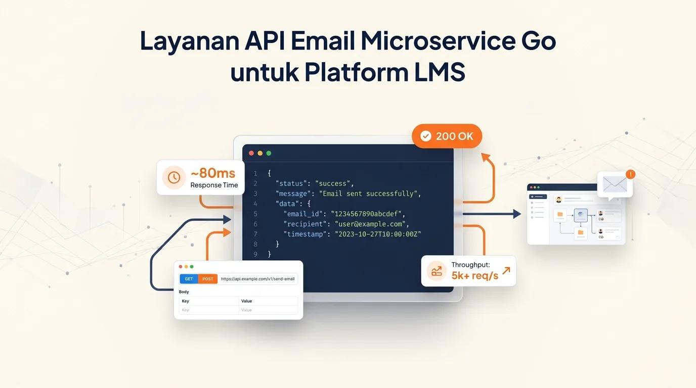 Cover Layanan API Email menampilkan mockup code editor dengan respons JSON dan badge status 200 OK