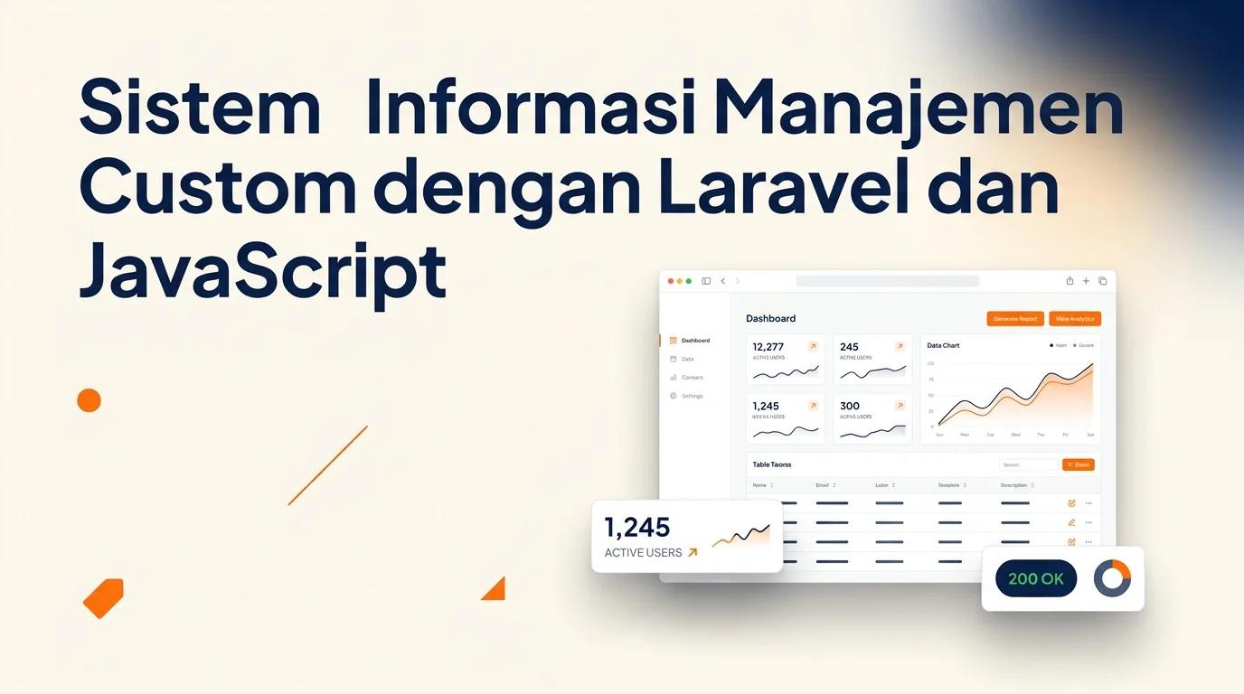 Cover Sistem Informasi Manajemen menampilkan mockup browser dengan antarmuka dashboard analitik dan elemen geometris
