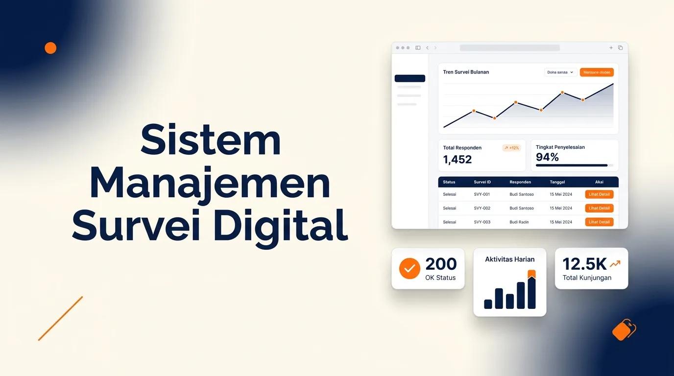 Cover Sistem Manajemen Survei menampilkan mockup dashboard analitik dengan grafik data dan antarmuka portal kuesioner