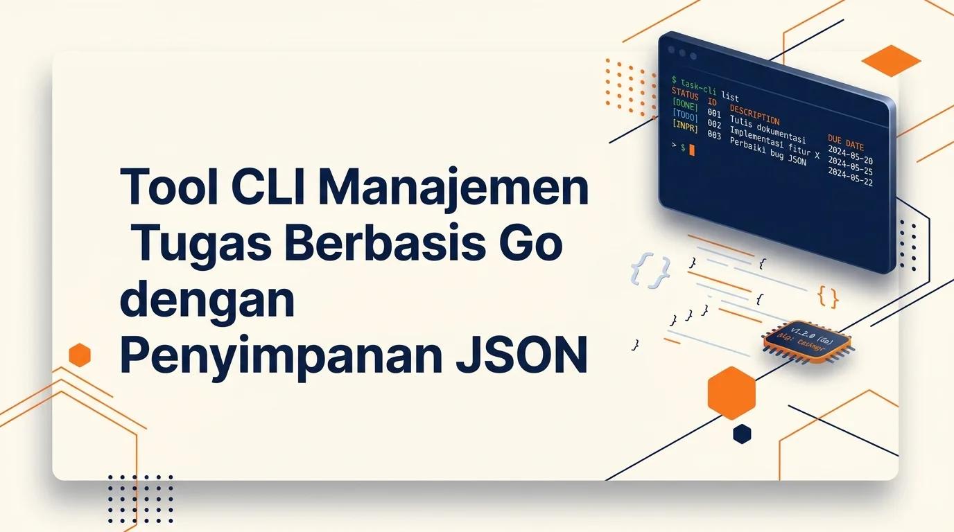 Cover Tool CLI Manajemen Tugas menampilkan mockup terminal dengan teks perintah dan aksen oranye