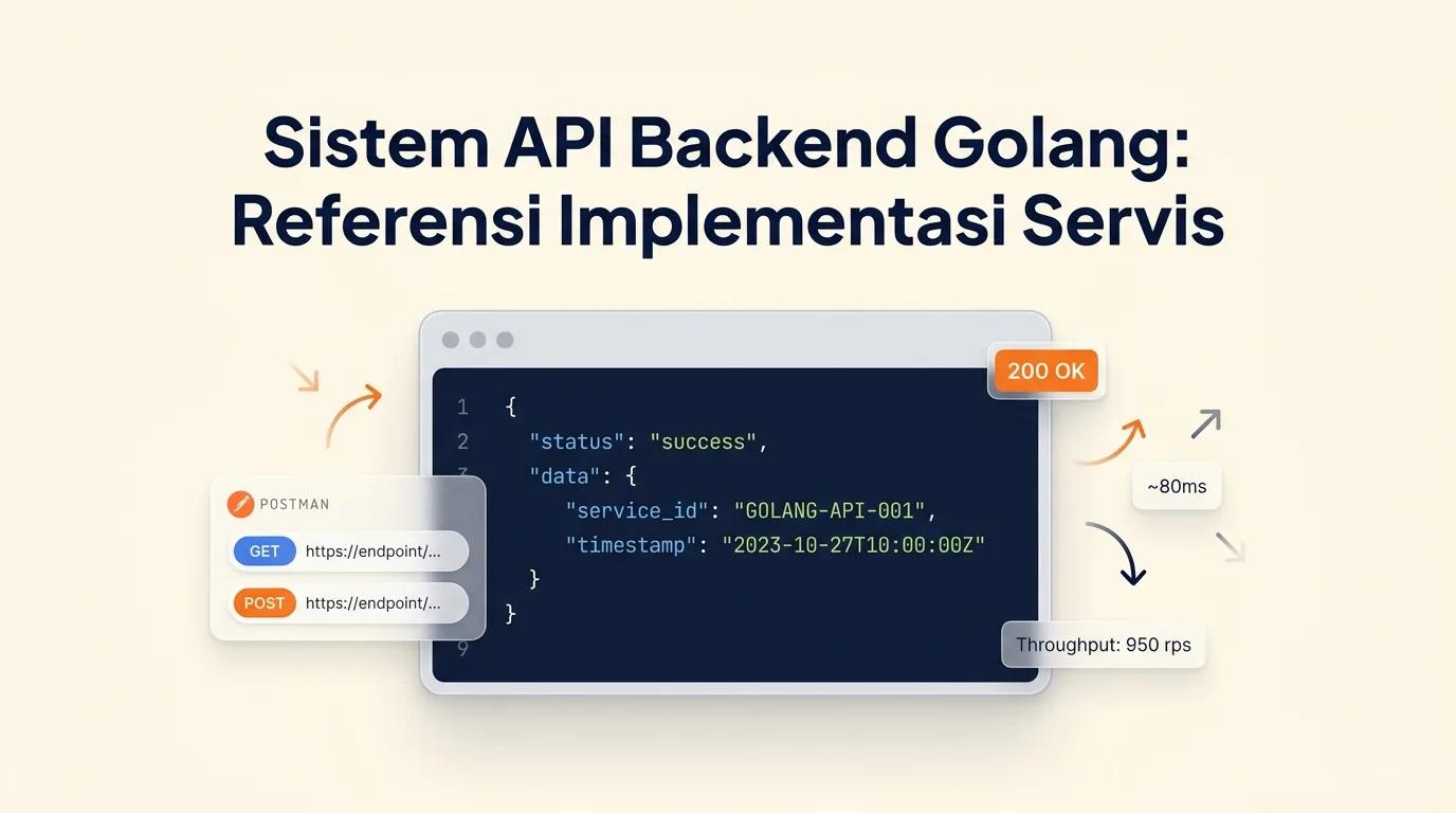 Cover Sistem API Backend Golang menampilkan mockup editor kode dengan response JSON dan metrik performa API