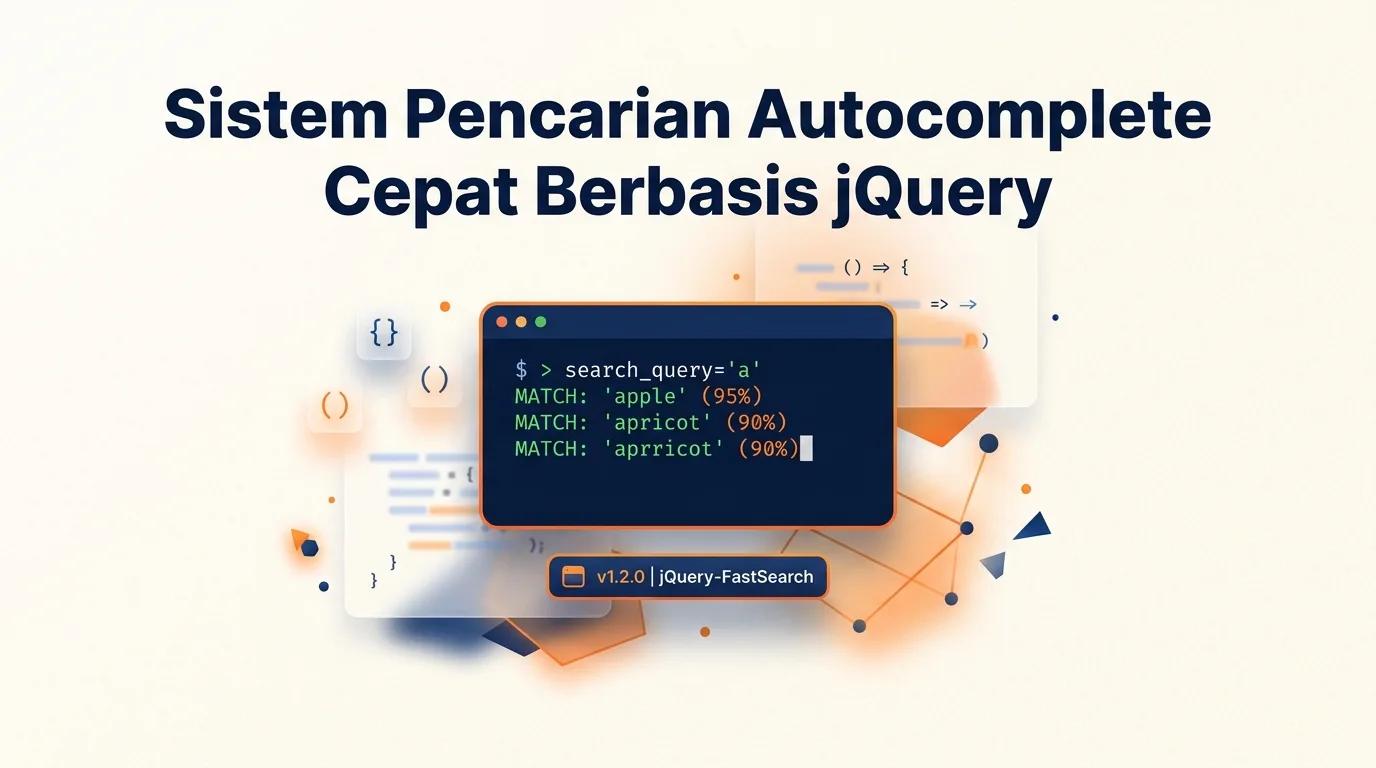 Cover Sistem Pencarian Autocomplete menampilkan mockup terminal dan snippet kode dengan aksen warna oranye dan navy