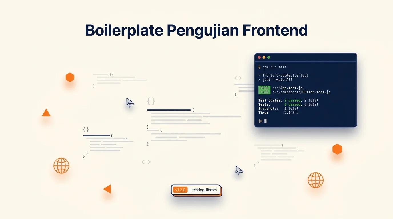 Cover Boilerplate Pengujian Frontend menampilkan mockup terminal dengan output teks dan elemen kode abstrak