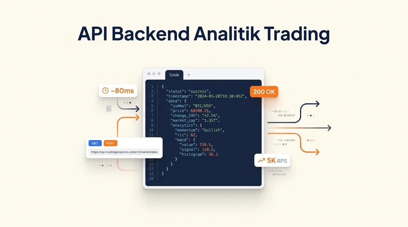 Cover API Backend Analitik Trading menampilkan mockup editor kode dengan respons JSON dan metrik performa server