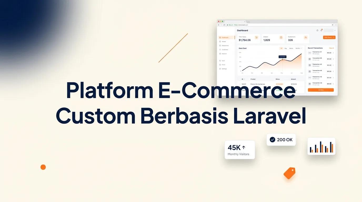 Cover Platform E-Commerce Custom menampilkan mockup browser dengan antarmuka dashboard manajemen toko online